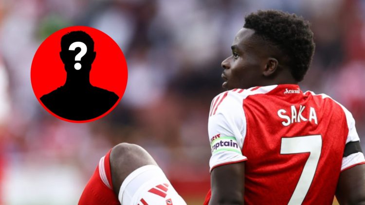 Bukayo Saka injured during the Premier League match between Arsenal and Leeds United, inset, mystery icon.