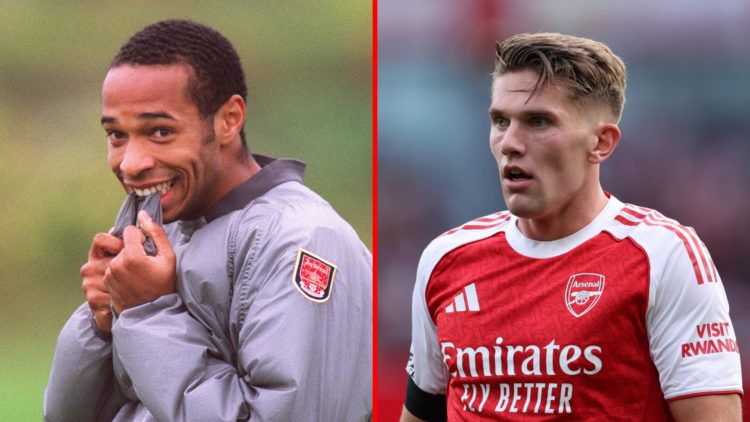 Split image of (L) Thierry Henry during an Arsenal Training Session in 2001 and (R) Viktor Gyokeres during the Premier League match between Arsenal...