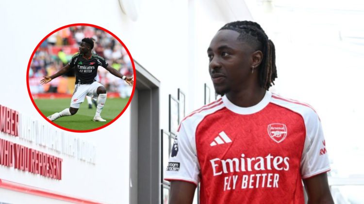Eberechi Eze signs for Arsenal at Sobha Realty Training Centre, inset, Bukayo Saka during the Premier League match between Liverpool and Arsenal.