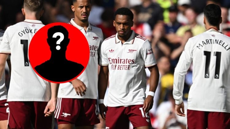 William Saliba and Jurrien Timber of Arsenal before the Premier League match between Liverpool and Arsenal, inset, mystery icon.