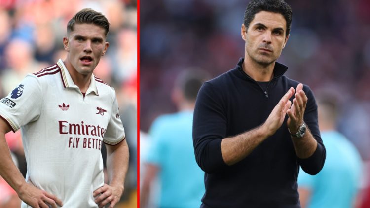 Split image of (L) Viktor Gyoekeres during the Premier League match between Liverpool and Arsenal and (R) Mikel Arteta after the Premier League mat...