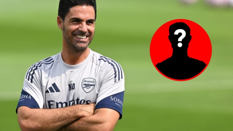 Mikel Arteta smiles during an Arsenal training session next to a mystery player inset