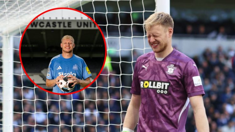 Aaron Ramsdale grimaces during the Premier League match between Tottenham Hotspur and Southampton, inset, Aaron Ramsdale holding the ball after sig...