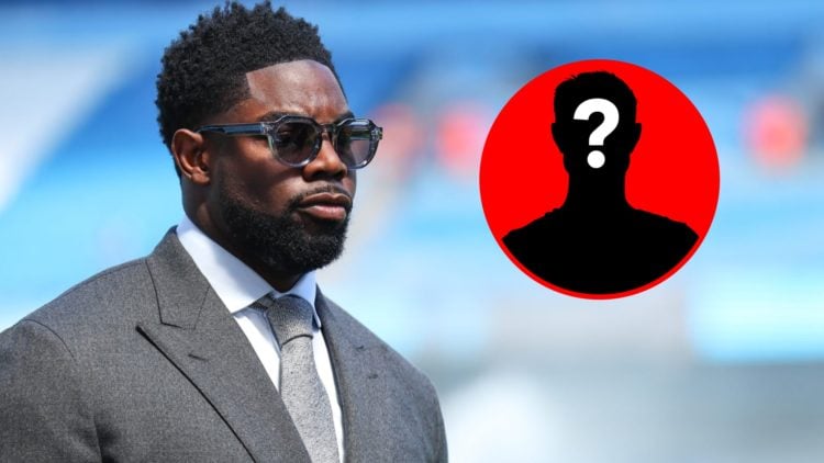 Micah Richards presenting for Sky Sports ahead of the Premier League match between Manchester City and West Ham United, inset, mystery icon.