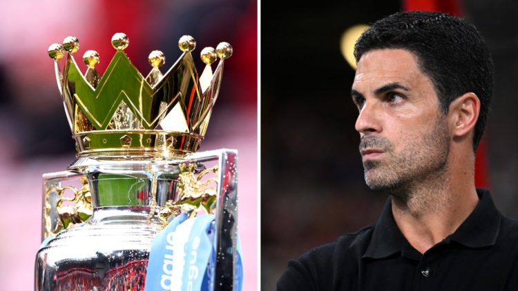 General view of the Premier League trophy on a plinth prior to the Premier League match between Liverpool FC and Manchester City (L), Mikel Arteta,...