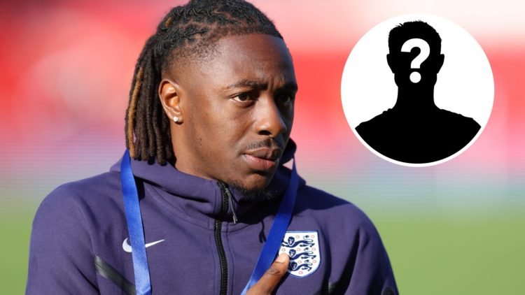 Eberechi Eze of England inspects the pitch before the international friendly match between England and Senegal, with mystery player inset.