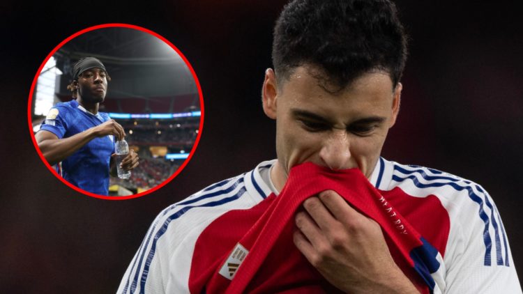 Gabriel Martinelli during the UEFA Champions League match between Arsenal and Shakhtar Donetsk, inset, Noni Madueke during warmups prior to the FIF...