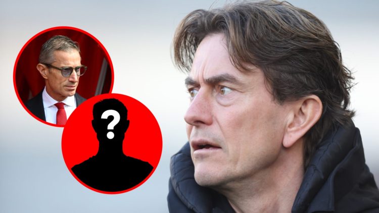 Former Brentford manager Thomas Frank during the Premier League match between Brentford and Tottenham Hotspur, inset, mystery icon and Andrea Berta...