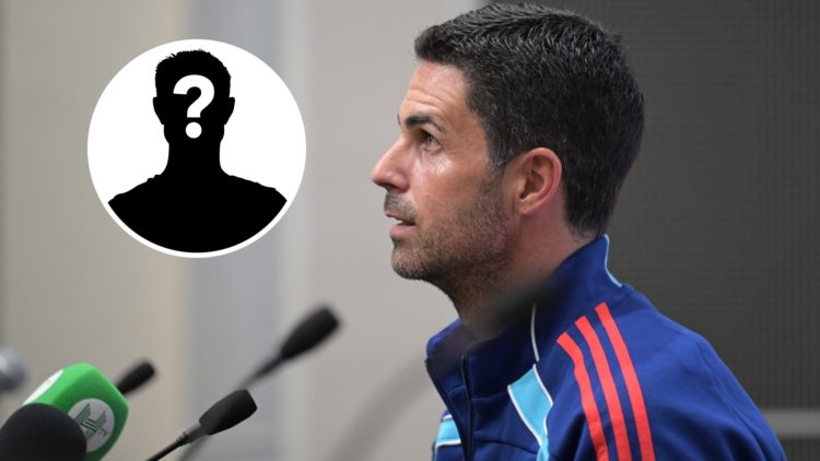 Arsenal manager Mikel Arteta speaks to the media at the National Stadium, with mystery player inset.