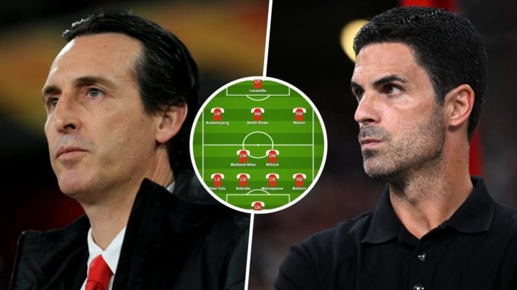 Arsenal Manager Unai Emery during the UEFA Europa League match between Arsenal and Eintracht Frankfurt at the Emirates Stadium (L), Mikel Arteta, M...