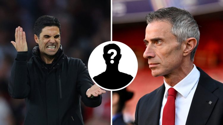 Split image of (L) Mikel Arteta looking dejected on the touchline during an Arsenal game and (R) Andrea Berta looking on prior to an Arsenal match
