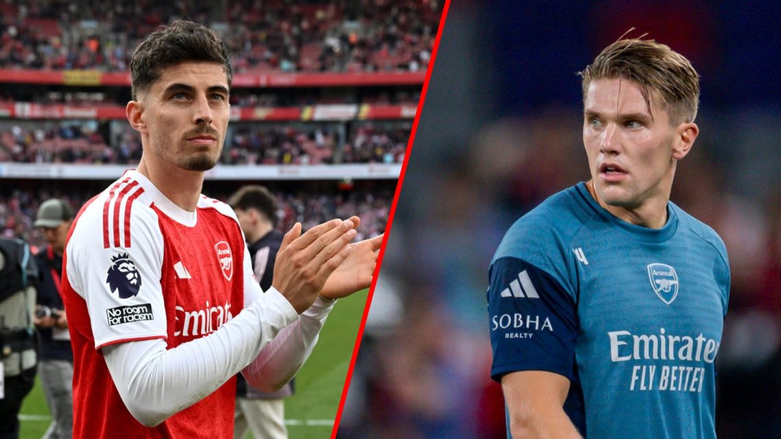 Split image of (L) Kai Havertz after the Premier League match between Arsenal and Newcastle United and (R) Viktor Gyokeres during the Arsenal Open ...