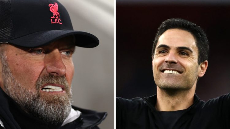 Split image of (L) Jurgen Klopp looking angry during a Liverpool game and (R) Mikel Arteta celebrating after an Arsenal win