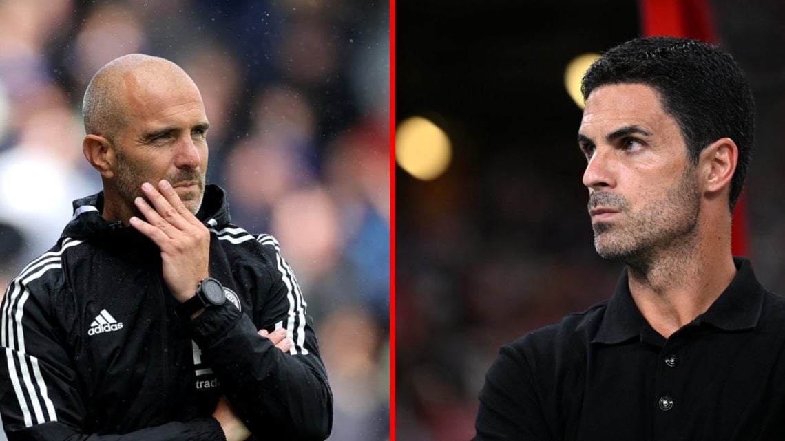 Split image of (L) Enzo Maresca during the pre season friendly match between Northampton Town and Leicester City and (R) Mikel Arteta during the Pr...