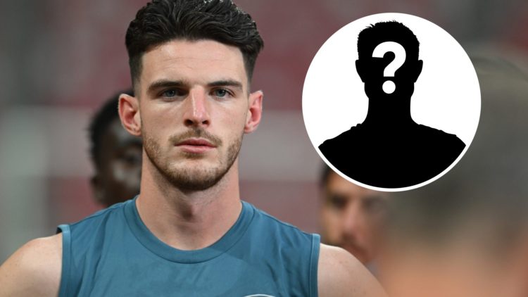 Declan Rice of Arsenal during a training session at Singapore Sports Hub on July 21, 2025 in Singapore, with mystery player inset.