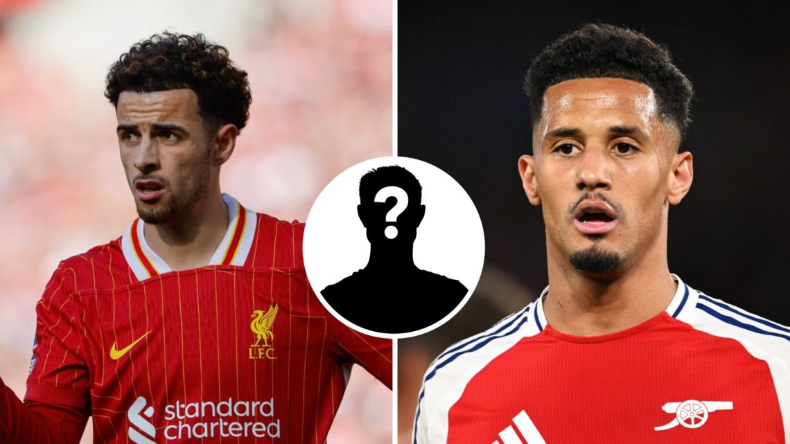 Split image of Curtis Jones gesturing during a Liverpool game and William Saliba looking on during an Arsenal game, with an inset of a mystery player