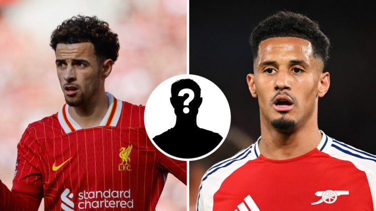 Split image of Curtis Jones gesturing during a Liverpool game and William Saliba looking on during an Arsenal game, with an inset of a mystery player