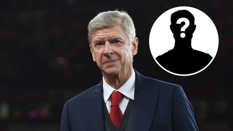 Arsene Wenger looks on during an Arsenal match, with mystery player inset.