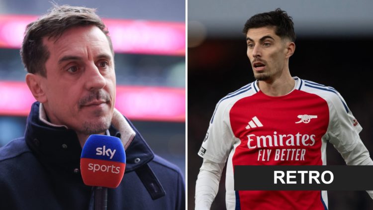 Split image of Gary Neville working as a pundit for Sky Sports and Kai Havertz in action for Arsenal, overlaid a Retro banner