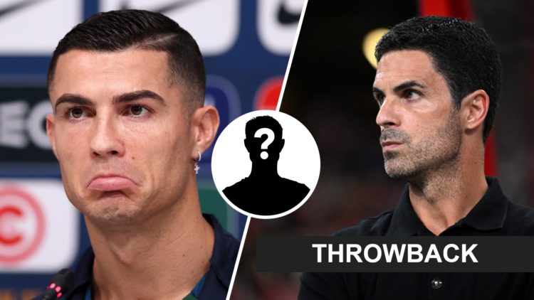 Split image of Cristiano Ronaldo reacting in a press conference and Mikel Arteta looking on during an Arsenal game, with an inset of a mystery player