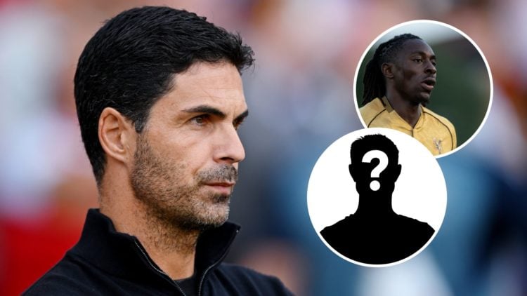 Image of Arsenal manager Mikel Arteta looking on during a game with insets of Eberechi Eze in action for Crystal Palace and a mystery player