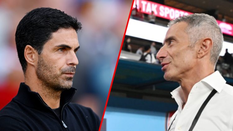 Split image of (L) Mikel Arteta prior to the pre-season friendly match between Arsenal and Villarreal, and (R) Andrea Berta during the Pre-Season F...