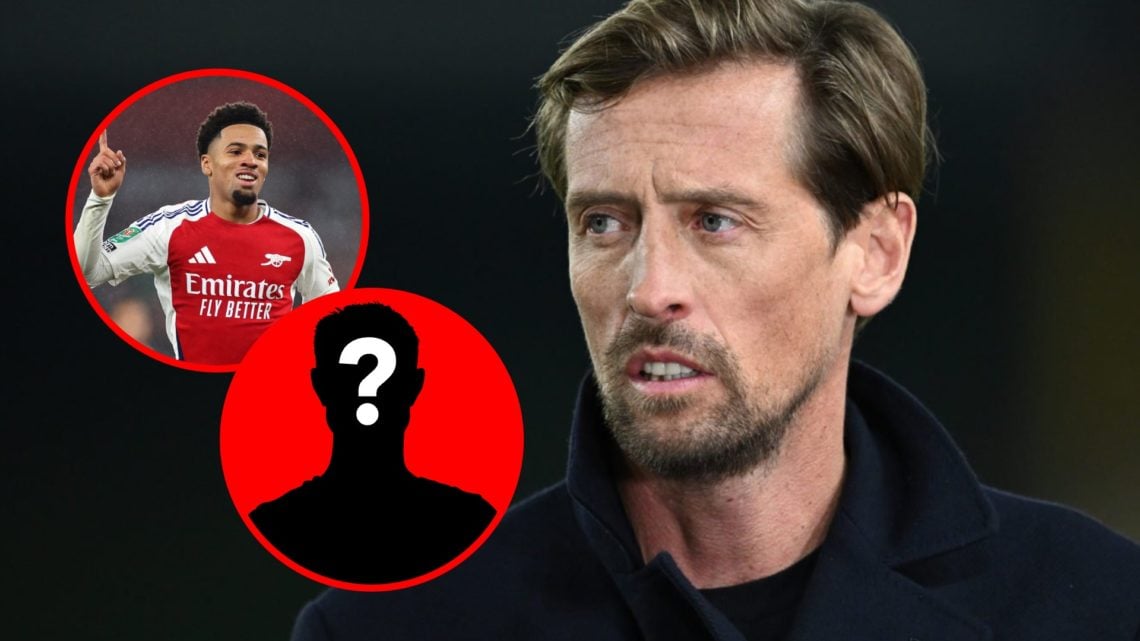 Former Footballer and television commentator Peter Crouch, inset, Ethan Nwaneri during the Carabao Cup Third Round match between Arsenal and Bolton...