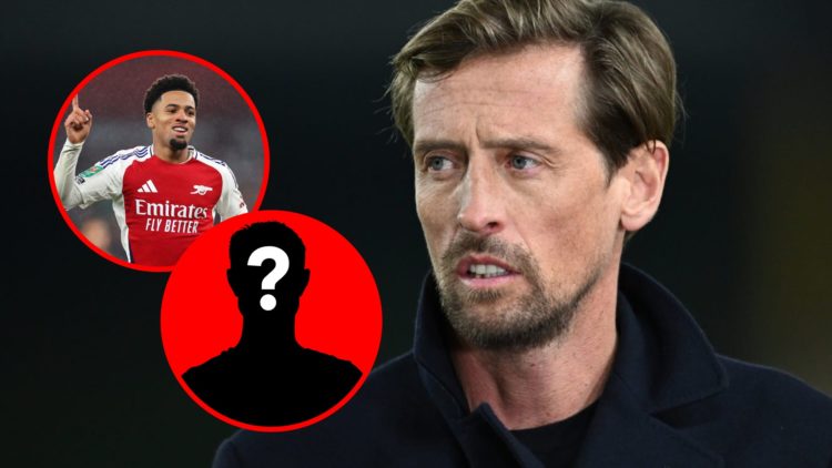 Former Footballer and television commentator Peter Crouch, inset, Ethan Nwaneri during the Carabao Cup Third Round match between Arsenal and Bolton...