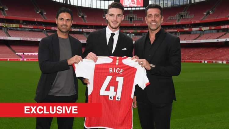 Arsenal manager Mikel Arteta with new signing Declan Rice and (R) Sporting Director Edu at Emirates Stadium, with Arsenal Insider Exclusive banner.