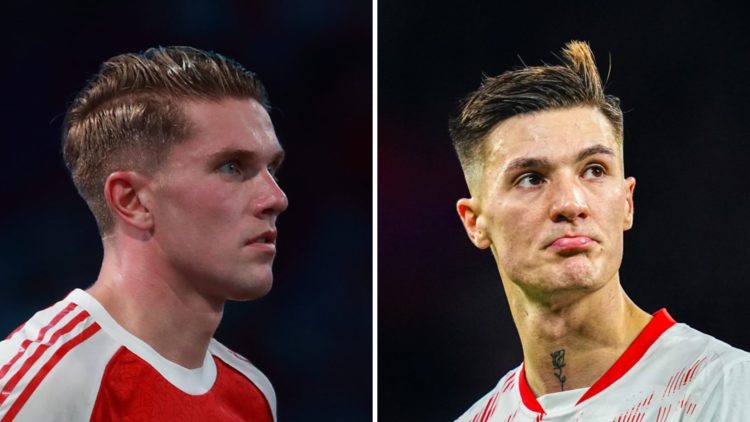 Split image of Viktor Gyokeres and Benjamin Sesko both looking on during Arsenal and RB Leipzig games respectively