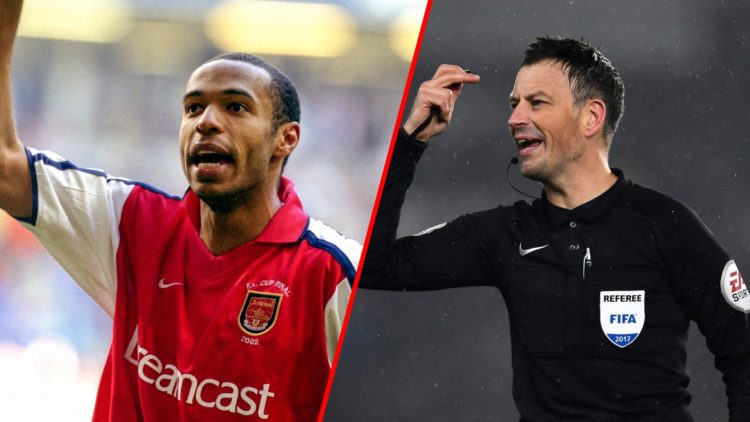 Split image of (L) Thierry Henry celebrating after the FA Cup Final between Arsenal and Chelsea and (R) Mark Clattenburg during a FA Cup Fourth Rou...