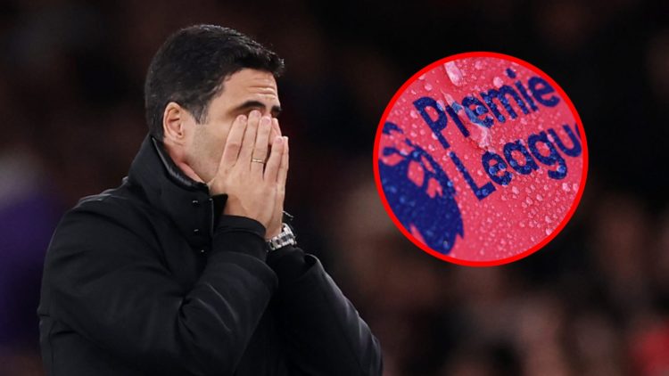 Mikel Arteta during the Premier League match between Arsenal and Crystal Palace, inset, the Premier League logo prior to the match between Bournemo...