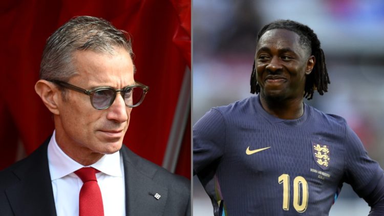 Split image of (L) Andrea Berta looking on before an Arsenal game and (R) Eberechi Eze smiling while playing for England