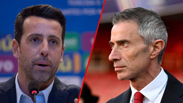 Split image of (L) Edu Gaspar at a press conference and (R) Andrea Berta prior to the UEFA Champions League 2024/25 Semi Final First Leg match betw...