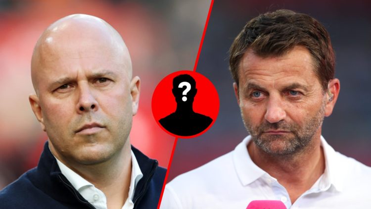 Split image of (L) Arne Slot prior to the Premier League match between Liverpool and Chelsea and (R) Tim Sherwood reporting during the Premier Leag...