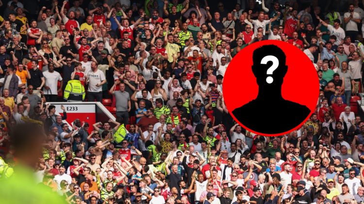 Fans of Arsenal celebrate during the Premier League match between Manchester United and Arsenal at Old Trafford, inset, mystery icon.