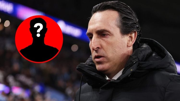 Unai Emery prior to the UEFA Champions League 2024/25 match between Aston Villa and PSG, inset, mystery icon.