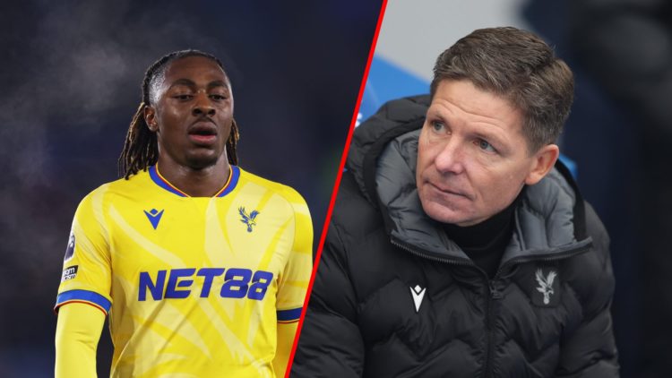 Split image of (L) Eberechi Eze during the Premier League match between Leicester City and Crystal Palace and (R) Oliver Glasner during the Premier...