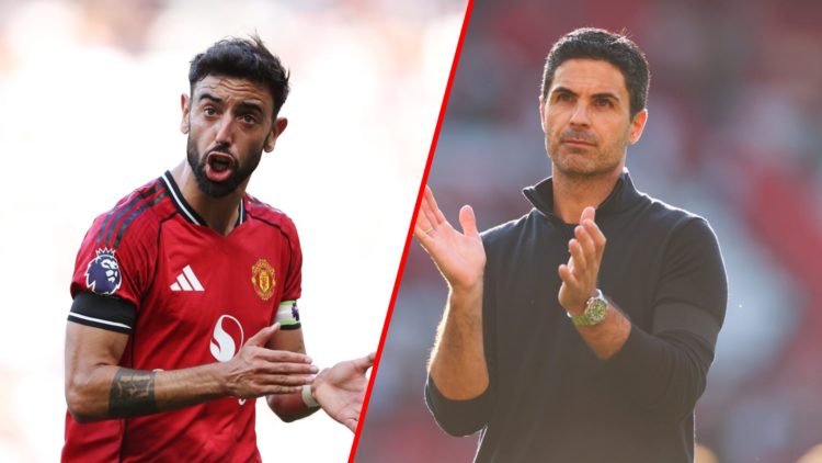 Split image of (L) Bruno Fernandes during the Premier League match between Manchester United and Arsenal and (R) Mikel Arteta during the Premier Le...