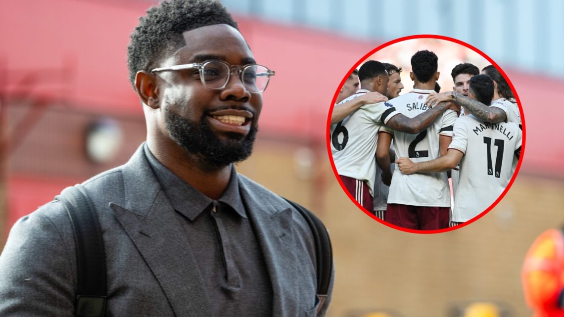 Micah Richards prior to the Premier League match between Manchester United and Manchester City, inset, Players of Arsenal form a team huddle during...