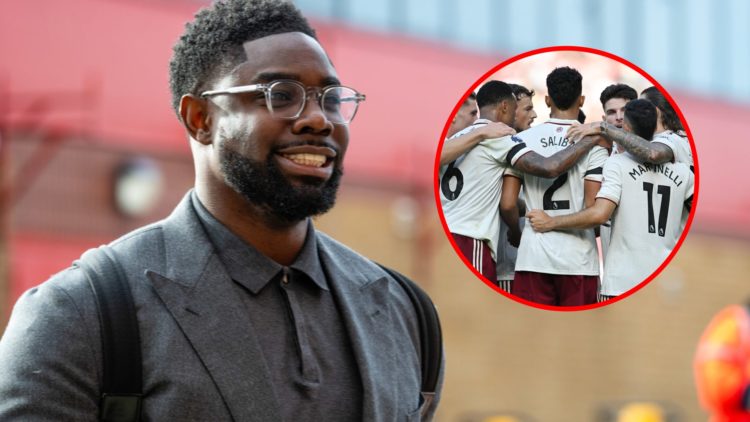 Micah Richards prior to the Premier League match between Manchester United and Manchester City, inset, Players of Arsenal form a team huddle during...