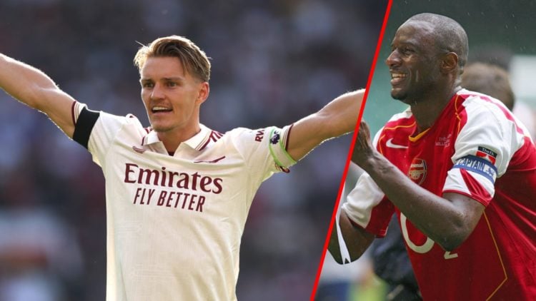 Split image of (L) Martin Odegaard during the Premier League match between Manchester United and Arsenal and (R) Patrick Vieira lifting the FA Cup ...