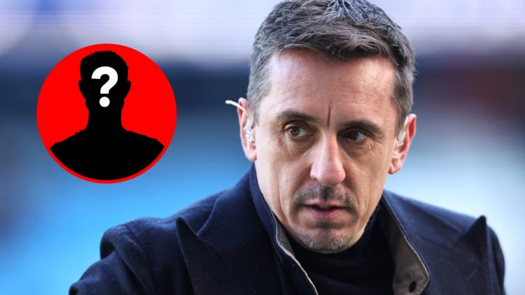 Gary Neville reporting for Sky Sports during the Premier League match between Manchester City and Liverpool, inset, mystery icon.