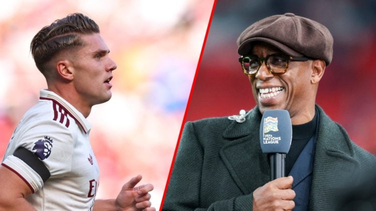 Split image of (L) Viktor Gyokeres during the Premier League match between Manchester United and Arsenal and (R) Ian Wright before the UEFA Nations...