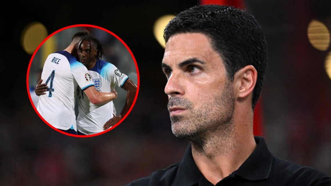 Mikel Arteta during the Pre-Season Friendly between Arsenal and Newcastle United, inset, Declan Rice and Eberechi Eze during the UEFA EURO 2024 mat...