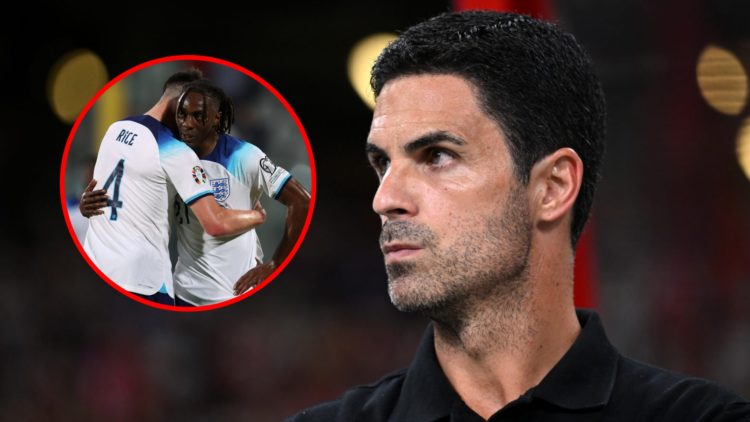 Mikel Arteta during the Pre-Season Friendly between Arsenal and Newcastle United, inset, Declan Rice and Eberechi Eze during the UEFA EURO 2024 mat...