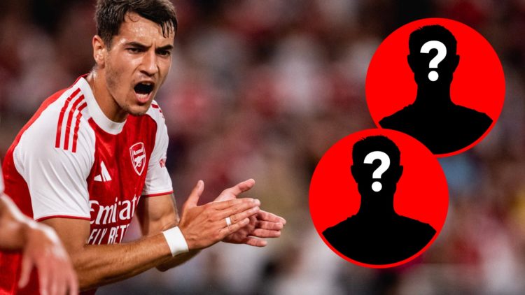 An image of Jakub Kiwior during an Arsenal match alongside two mystery player insets