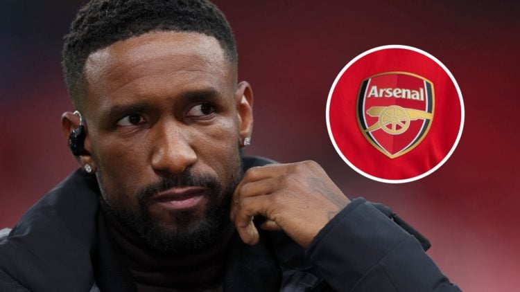 Jermain Defoe with inset of Arsenal badge