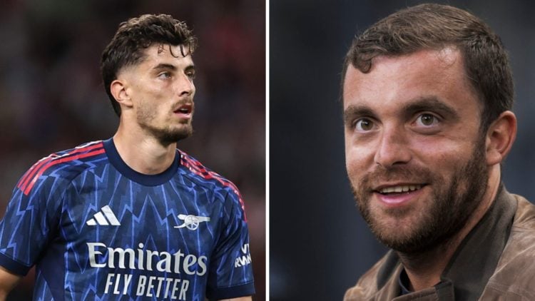 A split image featuring Kai Havertz during an Arsenal match alongside Fabrizio Romano