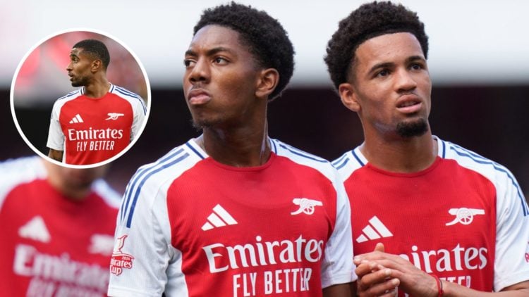 A split image featuring Arsenal stars Myles Lewis Skelly and Ethan Nwaneri looking on alongside Reiss Nelson